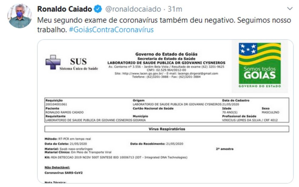 Governador testa negativo em segundo exame para coronavírus
